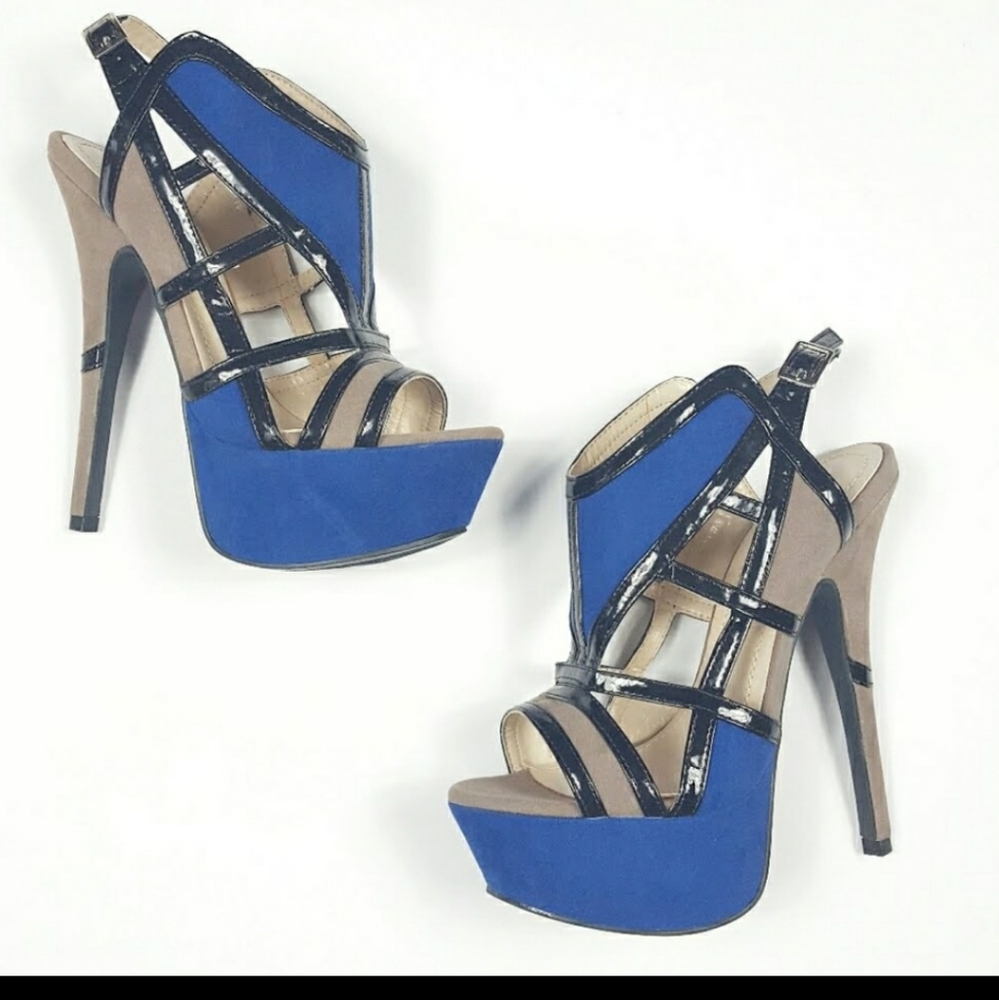 LILIANA Blue/Tan Suede Colorblock Platform Heels